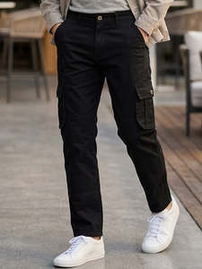 Pantalon cargo noir pour homme, coupe classique, couleur unie, avec poches, fermeture boutonnée, toutes saisons, vêtements décontractés pour l'extérieur - Product Image 1