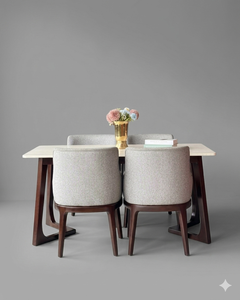 Juego de Comedor Moderno Premium de 6 Piezas, Mesa con Tapa de Piedra Blanca, Sillas de Comedor con Respaldo de Tela, Muebles para el Hogar de Madera de Teca Acanalada - Product Image 2