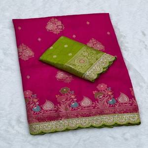 VASTRA COTTAGE Saree de seda Dola de alta resistencia con bordado Meenakari Zari, ribete de cordón y lentejuelas, y blusa a contraste para mujer - Product Image 5