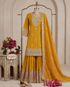 Ensemble de Soirée en Soie Chinon Luxueuse avec Broderies Ornées de Paillettes, Pantalon Palazzo Fluide et Dupatta Embellie (DD 1273) - Product Image 5
