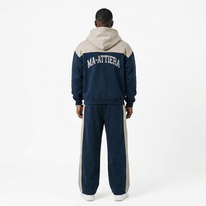 <b>men</b> hoodie set <b>jogger</b> set <b>navy</b> blue beige tracksuit color block tracksuit cotton fleece set zip up hoodie <b>jogger</b> pants oversized - Product Image 2