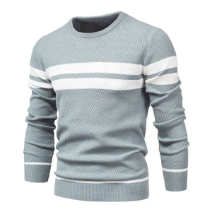 Men's Light Blue Knitted Crew Neck Sweater With White Stripes Casual Pullover Regular Fit Autumn Wear - Product Image 5