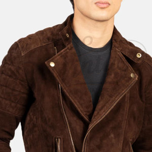 Premium Men Brown <b>Suede</b> Leather Biker <b>Jacket</b> Asymmetric Zip Quilted Shoulder Slim Fit Moto <b>Jacket</b> Casual Outerwear Coat - Product Image 1