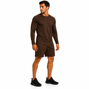 High Quality Men Short <b>Set</b> Plain Stretch Long Sleeve Crew Neck Top Matching Shorts Two Piece Short <b>Set</b> Solid Color Active Wear - Product Image 3