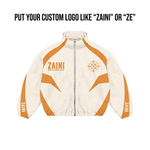 Veste coupe-vent pour homme 140 GSM en polyester Taslan premium, crème et orange, avec empiècements contrastants, logo personnalisé imprimé par transfert thermique - Product Image 1
