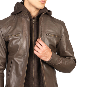 Men Brown Genuine Leather <b>Biker</b> <b>Jacket</b> Slim Fit Asymmetrical Zip Motorcycle Style Turn-down Collar Regular Sleeve Waterproof - Product Image 6