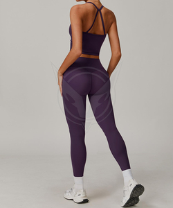 Ensemble de yoga 2 pièces violet uni tendance avec leggings taille haute et bretelles croisées, col carré, tenue de fitness pour femme - Product Image 3