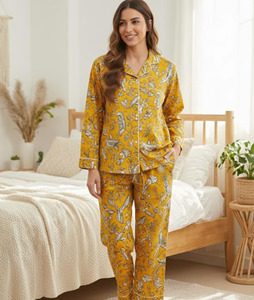 Pure Cotton Mustard Yellow Flock Print Summer Nightwear Set <b>Women</b> Comfortable Breathable Quick <b>Dry</b> Loungewear Sleepwear - Product Image 1