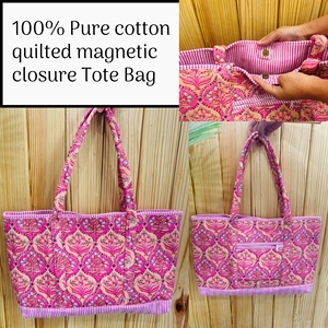 Sac fourre-tout matelassé en coton fait main de luxe à motif floral, fermeture magnétique, grand format, sac à bandoulière, cabas réutilisable pour le marché, idéal pour les cadeaux - Product Image 3