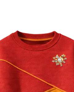 Sweat-shirt pour femme personnalisé en rouge et jaune moutarde, en molleton doux, col rond, décontracté, pull d'hiver avec détails brodés - Product Image 6