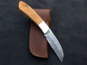 Handmade Damascus Steel <b>Drop</b> Point Folding Pocket Knife Olive Wood Handle Custom EDC Utility Leather Sheath OEM ODM 3-Year - Product Image 3