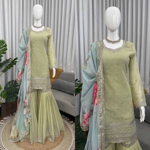 <b>Green</b> Embroidered Kurta Sharara Set With Floral Dupatta Ethnic Salwar Kameez for Wedding Party Women - Product Image 6