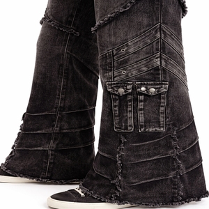 Jean cargo en denim taille haute pour homme, coupe ample, style patchwork déchiré, streetwear, automne, coton mi-lourd, fermetures éclair - Product Image 4