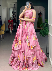 Conjunto de Lehenga de Chifón con Estampado Floral, Falda Plisada con Ribete de Encaje, Blusa sin Coser, Dupatta, para Bodas y Fiestas - Product Image 3