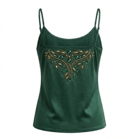 Débardeur en satin de soie vert émeraude, brodé de perles, col rond, élégant, à fines bretelles, pour femme