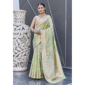 Sari de organza verde pastel con tejido Zari de Elite Weaves, elegante vestido de noche, 0.6g - Product Image 3