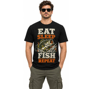 เสื้อยืดผ้าฝ้ายสีดำพิมพ์ลายด้านหน้าสำหรับผู้ชาย Eat Sleep Fish Repeat - Product Image 4