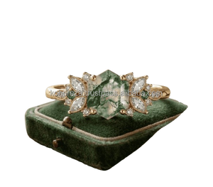 Anillos de Alta Gama con Baño de Oro PVD de 18K, Piedras de Ágata Musgosa Natural con Esmeralda, Anillos Vintage con Cristales, Joyería de Acero Inoxidable Resistente al Deslustre - Product Image 1
