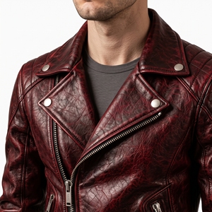 Blouson motard aspect cuir bordeaux, revers large, double boutonnage, fermeture éclair, coupe ajustée, style moto, personnalisable OEM ODM - Product Image 1