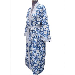 Women's Blue White Floral Print Kimono Robe <b>Belt</b> Closure Long Sleeve V-Neck Shorts Knitted Organic Cotton Quick Dry Breathable - Product Image 2