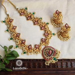 Peacock Jadau <b>Pearl</b> Bridal <b>Necklace</b> <b>Set</b> with Gold Plated Designer Earrings - Product Image 1