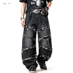 Jeans de Mezclilla Negros Lavados Estilo Gótico Y2K de Pierna Ancha y Corte Regular para Hombre, Cintura Media, 100% Algodón, Pantalones de Estilo Urbano - Product Image 3