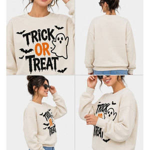 Sweat-shirt ample rétro pour femme, col rond, poignets côtelés, imprimé mignon « Trick or Treat », prix de gros - Product Image 4