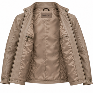 Veste en cuir beige taupe pour femme, coupe ajustée, col montant, poignets à boutons-pression, fermeture éclair sur le devant, poches latérales, style moderne décontracté, vêtement d'extérieur quotidien pour femme - Product Image 5