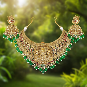 Jewelemarket Heritage Gold Plated Bridal <b>Choker</b> Necklace Set CZ Temple Pota Stone Pearl Beads Fine Jewelry 10575400PGR - Product Image 2