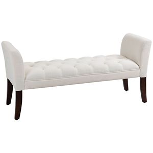 Panca da camera da letto con gambe in legno massello, imbottita in bianco crema, senza braccioli, con bottoni, per l'estremità del letto - Product Image 1