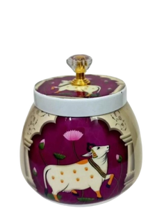 Pot de cuisine en métal blanc avec imprimé de fleurs de lotus roses, récipient de rangement décoratif avec couvercle, bouton doré, motif floral vintage - Product Image 4