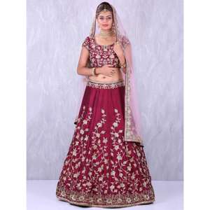 Trabajo de bordado de apliques granate Banglory Silk Lehenga Choli - Product Image 1