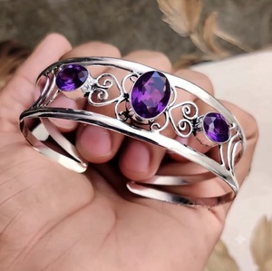 Brazalete de Plata de Ley 925 con Amatista Natural, Brazalete Ajustable Hecho a Mano con Piedras Preciosas, Joyería al por Mayor - Product Image 6