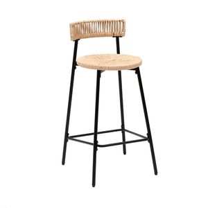 Set di 2 Sgabelli da Bar Neri Intrecciati a Mano con Schienale in Corda di Carta, Sgabelli Rotondi con Poggiapiedi per Isola Cucina e Sale da Pranzo - Product Image 6