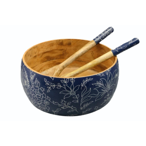 ชุดชามสลัดไม้ทำมือพร้อมอุปกรณ์เสิร์ฟ ลายเคลือบสีครามพิมพ์ลายดอกไม้ สำหรับใช้ในบ้าน โรงแรม และร้านอาหาร - Product Image 1