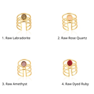 Punk Style Four Layer Band <b>Ring</b> Oval Shape Gemstone Natural Raw Rose Quartz Dyed Ruby Amethyst <b>Labradorite</b> 18k Gold Plated Brass - Product Image 1