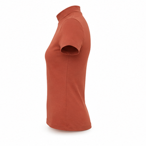 T-shirt personnalisé en jersey de coton côtelé doux pour femme, coupe ajustée moderne, col montant, manches courtes, couleur terre cuite - Product Image 4