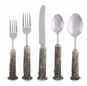 Ensemble de couverts rétro avec manches en bois, couverts en acier inoxydable, compatibles lave-vaisselle, pour le camping et l'hôtellerie - Product Image 1