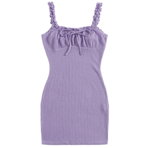 Minivestido de punto para mujer, cuello cuadrado, sin mangas, con volantes, cordón ajustable, ceñido al cuerpo, vestido de fiesta de verano - Product Image 4