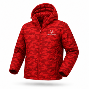 Veste d'hiver pour homme, rouge camouflage, à capuche, matelassée, imperméable, coupe-vent, isolante, décontractée, avec fermeture éclair et poches - Product Image 2