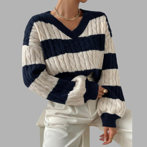 Pull en tricot pour femme, col en V, manches longues, à rayures, color block, tricot torsadé, épaules dénudées - Product Image 3