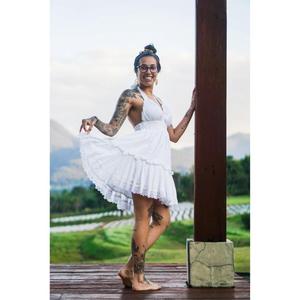 Robe blanche bohème pour femmes, col halter, sans manches, en coton, robe d'été, tenue de plage, de resort, de festival - Product Image 3