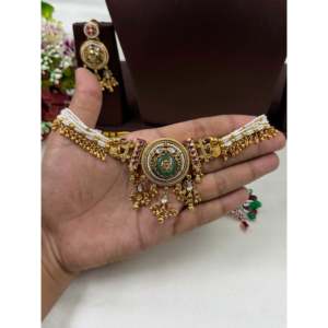 Indian Ethnic Gunika Heritage <b>Gold</b> Plated Bridal Choker <b>Set</b> with Earrings - Product Image 2