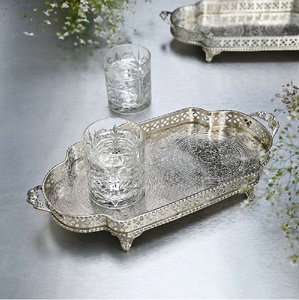 Silver Brass Etched Tray Silver Decorative Tray with Handles Oval Coffee tray Hand Hammered Metal Platter for Living - Product Image 1
