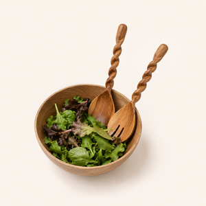 Handcrafted Wood Salad Server Set Premium Twisted Spiral Handle Wooden Salad <b>Tongs</b> Eco-Friendly Sustainable Hand-Carved <b>Serving</b> - Product Image 2