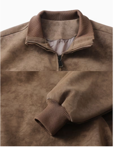Men s Brown <b>Suede</b> Bomber <b>Jacket</b> Stand Collar Zipper Closure Casual Style Autumn Wear Regular Fit Solid Color Woven Fabric - Product Image 6