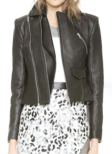 Leather Bomber <b>Jacket</b> Women Men Unisex Black Zipper Closure Solid Color Autumn Winter Wear Regular <b>Fit</b> <b>Slim</b> Style Eco-Friendly - Product Image 2