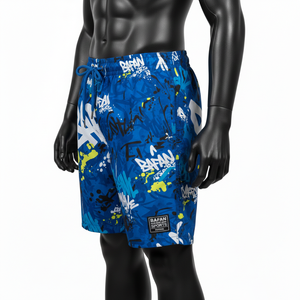 กางเกงว่ายน้ำชายไมโครไฟเบอร์คุณภาพสูง สีน้ำเงิน ลายกราฟิก น้ำหนักเบา แห้งเร็ว ระบายอากาศได้ดี เอวยางยืด โลโก้แบบซับลิเมชั่น - Product Image 3