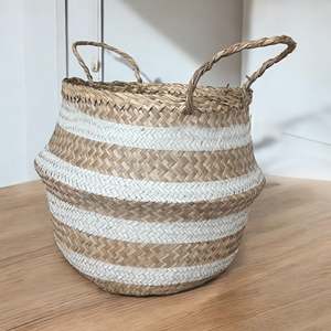 Handmade Seagrass Storage <b>Basket</b> with White Stripes - Multifunctional Home Storage Organizer Home Decor - Product Image 2