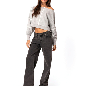 Sweat-shirts courts à manches longues en molleton 100% coton pour femmes, couleur unie, broderie personnalisée - Product Image 2